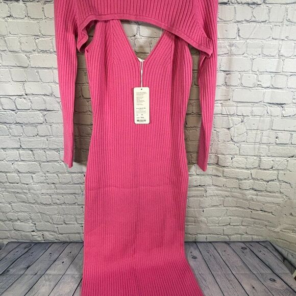 NWT AHA Selected Rosy Pink Hollow Knitted Barbiecore Party Chic Midi Dress XL - Picture 1 of 12